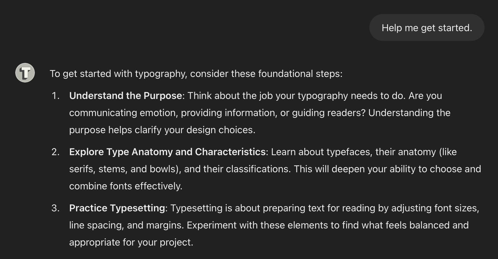 Screenshot of Typography Advisor’s response to the input, “Help me get started.”