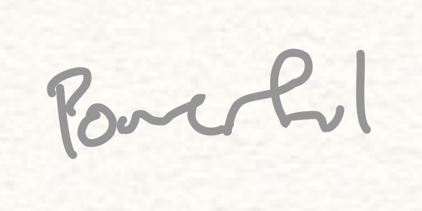 The word “Powerful”, handwritten sloppily with “rf” blending together. 